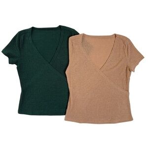 NWOT Bundle Y2K SHEIN Ribbed Knit Wrap V-Neck Tops Green + Tan Size M Casual